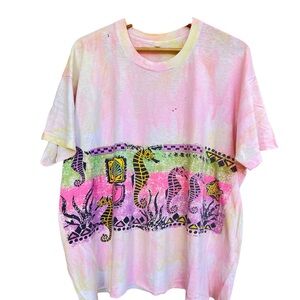 Vintage 80s  Pink Tie-Dye Seahorse Graphic single stitch Tee cropped
